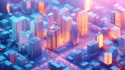Isometric flat design of future smart city illustration, soft colors, clean lines and delicate textures. Modern urban landscape, digital infrastructure and environmentally friendly buildings.