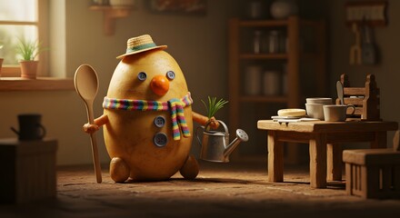 Egg Character Gardening and Cooking in a Kitchen