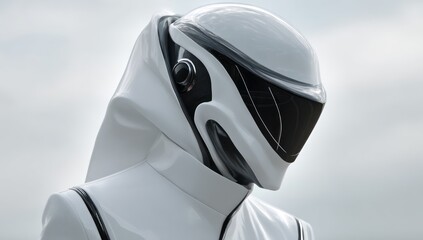 Fototapeta premium Protective futuristic figure outfitted in advanced armor, featuring a helmet with a sleek visor.