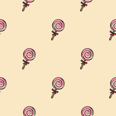 Round lollipop with a spiral design. Vector seamless pattern. Endless background for wrapping paper, print, textile