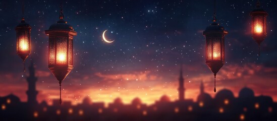 Ramadan Lantern with Crescent Moon and Night Sky