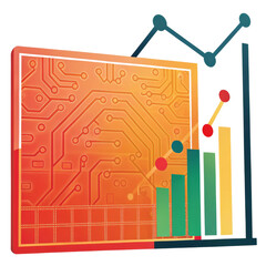 A digital circuit board integrated with colorful bar and line graphs representing data analytics and technology trends.