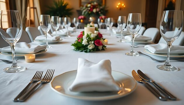 table set for a formal dinner with white linens and silverware