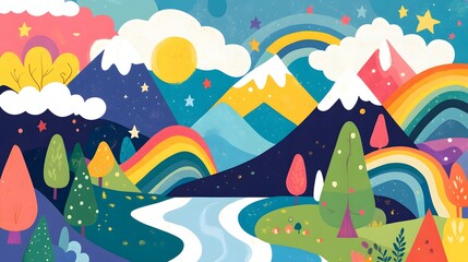 Vibrant Rainbow Over Colorful Landscape in Vector Art and Digital Painting Style
