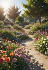 Obraz premium Sun-drenched garden bursting with flowers, full of life, spring, summer