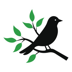 Bird silhouette perched on branch with green leaves vector illustration