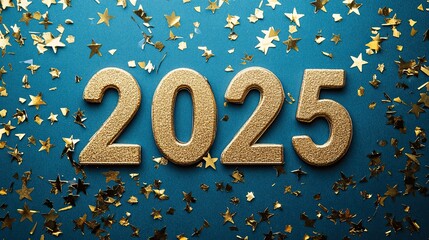 Golden year two thousand twenty five with star confetti on a blue background for new year celebration