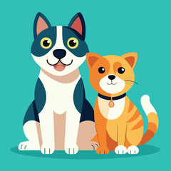 Playful dog and cat duo sitting together in a cheerful flat design style vector art 