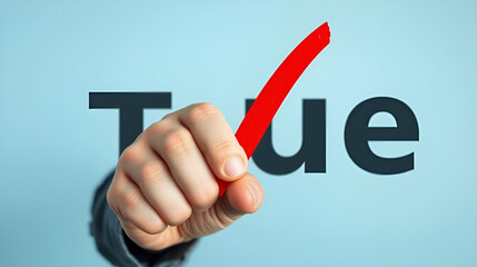 A man holds a red check mark over word True. Confirm the veracity and truth. Fight against fake news hostile propaganda. Confirmation facts, refutation of rumors. Debunking Myths and Misconceptions