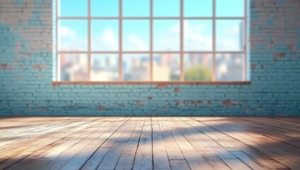 Sunlit interior with large window and aged brick wall, showcasing a wooden floor