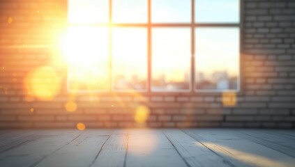 Sunlit room with exposed brick wall and wooden floor, overlooking a cityscape at sunset