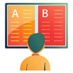 A person compares two columns labeled A and B on a large board.