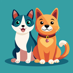 Playful dog and cat duo sitting together in a cheerful flat design style vector art 