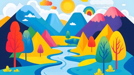 Psychedelic Landscape with Swirling Clouds, Vivid Mountains, Trees, and Winding River