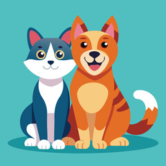 Playful dog and cat duo sitting together in a cheerful flat design style vector art 