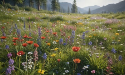 Lush meadow bursting with diverse wildflowers,  blossom,  vibrant