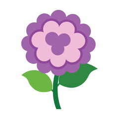 Simple purple flower illustration with green leaves and stem on white background