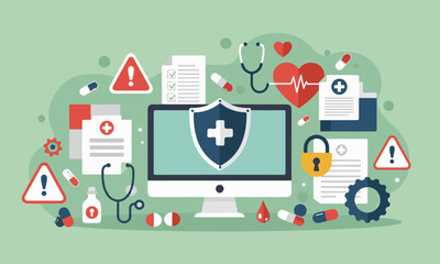 Healthcare Data Security Illustration, Illustration of healthcare data security: computer with shield and heart, surrounded by medical symbols and a padlock