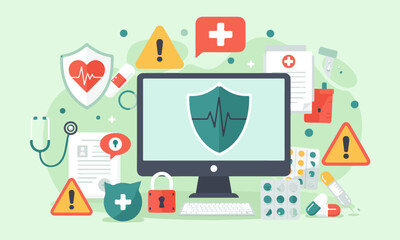 Healthcare Data Security Illustration, Illustration of healthcare data security: computer with shield and heart, surrounded by medical symbols and a padlock