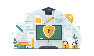 Online Education Cybersecurity Illustration : computer with a locked shield, surrounded by learning materials