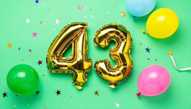 Number 43 with ballons on light green background.  