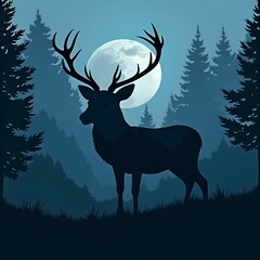Majestic deer standing in serene forest under moonlight nature illustration tranquil environment side view