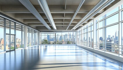 Sunlit, expansive loft space with city views, featuring polished concrete floors, high ceilings, and large windows