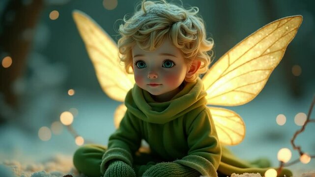 Whimsical fantasy fairy creature with bright yellow wings and gentle expression, intricate costume, detailed textures, warm lighting, magical forest background, high-quality , video download,
