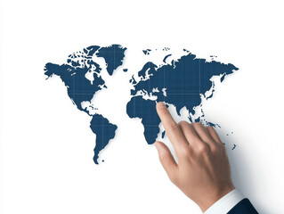 hand points to a world map, symbolizing global connection, business, or navigation concepts on a clean, white background.