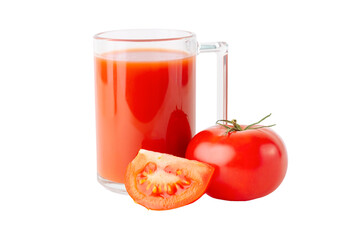 Glass of tomato juice and tomato on a white background. Horizontal photography tomato