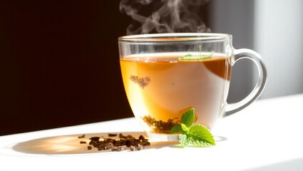 (1) warm, cozy, glass teacup filled with steaming herbal tea, (2) fresh mint leaves placed delicately on the side, (3) dimly lit window setting with warm, natural lighting, (4) close-up detailed shot,