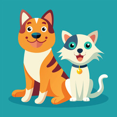 Playful dog and cat duo sitting together in a cheerful flat design style vector art 