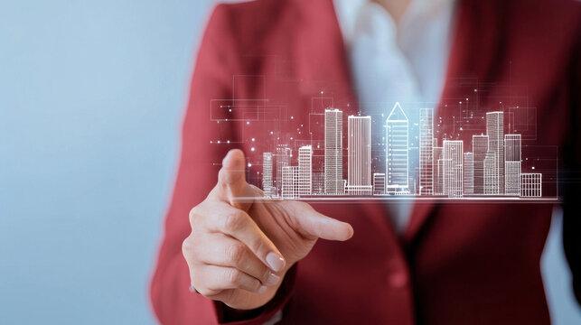 businessperson interacts with a digital cityscape, representing innovation and smart urban development.