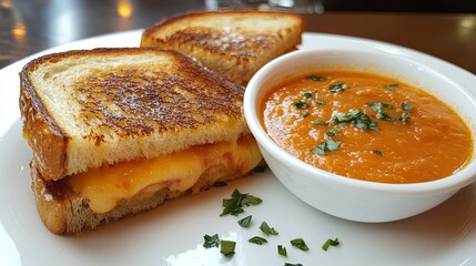 A grilled cheese sandwich with a side of tomato soup on a white plate close up view food photography