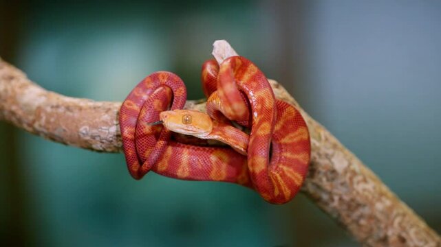 Vibrant red-orange snake curling on branch in slow motion, exotic and calm vibe