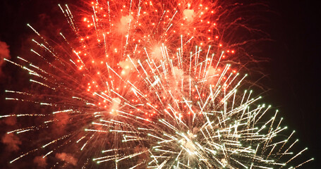 Red Firework celebrate anniversary happy new year 2025, 4th of july holiday festival. red firework in night time celebrate national holiday. Countdown to new year 2025 festival party time event