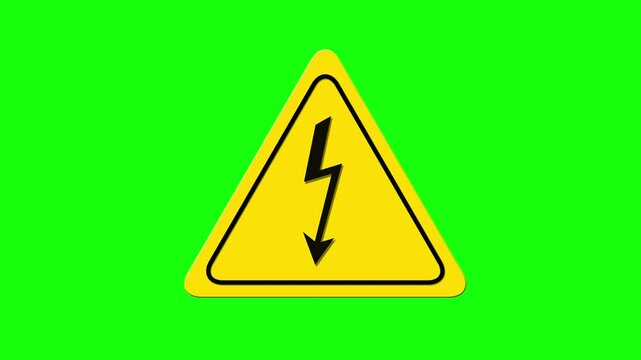 High voltage warning symbol in yellow triangle on green screen and white background