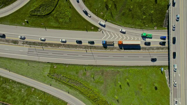 Overhead aerial drone shot of Rush Hour Traffic on E39 Highway in Sandnes, Norway &ndash;