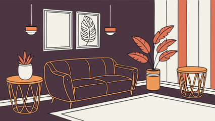 Vector SVG modern interior with dark wall, featuring velvet sofa, stylish tables, and decorative plants, creates cozy atmosphere