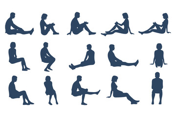 Minimalist Silhouette Set of Seated Human Figures. Minimalist Style, Casual Poses, with Varied Views and body types. Vector Illustration