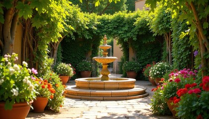 Sun-drenched Andalusian garden bursting with vibrant flowers and lush greenery Ornate fountain, terracotta pots , jasmine, tranquil, botany