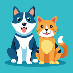 Playful dog and cat duo sitting together in a cheerful flat design style vector art 