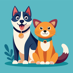 Playful dog and cat duo sitting together in a cheerful flat design style vector art 