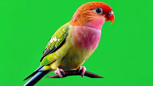 Colorful parrot perched on branch with vibrant green background in photo studio setting
