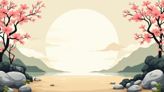 Tranquil sunset scene serene beach digital artwork natural landscape wide angle peaceful atmosphere