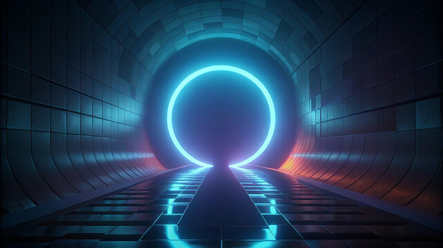 Glowing neon ring lights in tunnel scene with futuristic 3d rendering