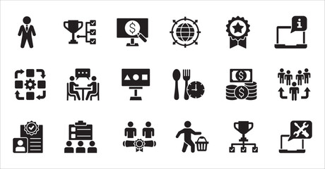 Business company, management flat icon set. Contains symbol of businessman, target, finance, lunchtime, success, hierarchy, data, work, money, employee, task, shop, meeting, job. Vector illustration
