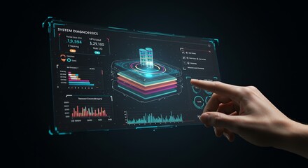 System diagnostics on digital screen with hand