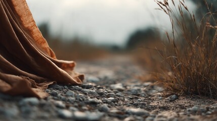 Rustic Brown Fabric Draped on Gravel Path: Serene Autumnal Scene