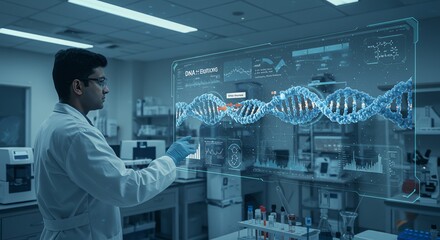 Scientist analyzes DNA on virtual screen in lab